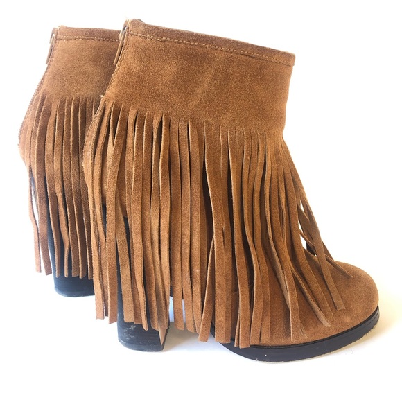 🧡 N.Y.L.A. GRAVANO COGNAC LEATHER FEINGE BOOTIE HEEL ANKLE BOOTS 6.5 - Picture 2 of 8